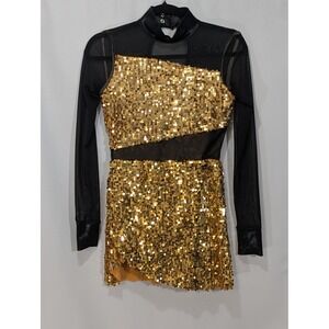 Balera Gold Sequin Mesh Mock Neck Long Sleeve Dance Costume Dress MA